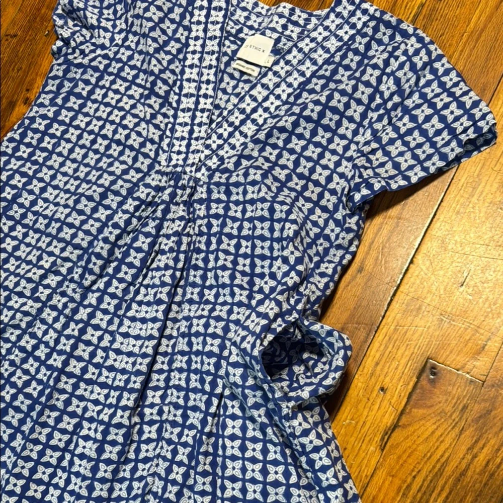 ZEN ETHIC Women's Pistil V Neck A Line Blue White Block Print Patterned Dress L - Picture 12 of 16